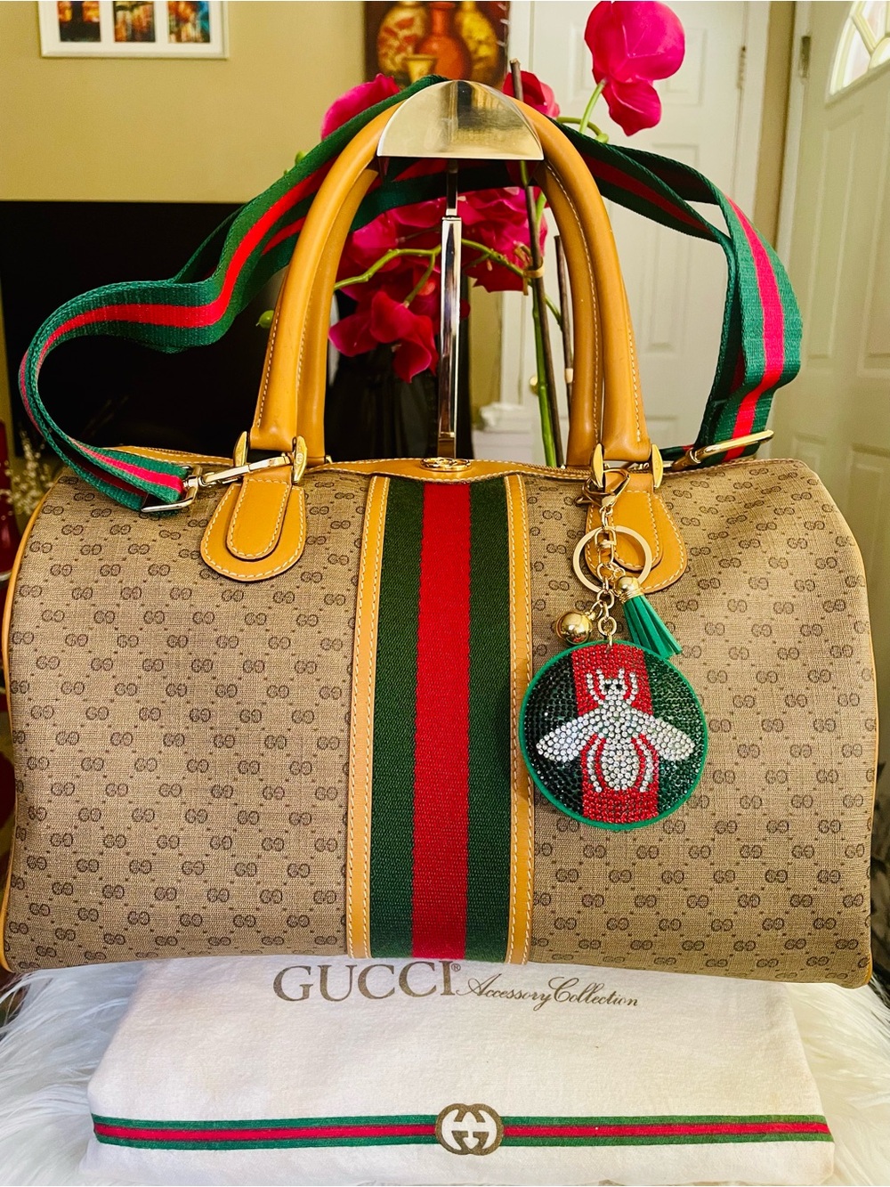 Gucci GG Sherry Line Monogram Satchel with Red & Green Web Stripe